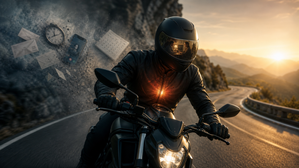 Motociclist condus pe un drum de munte la apus, simbol al evadării și al reglării emoționale